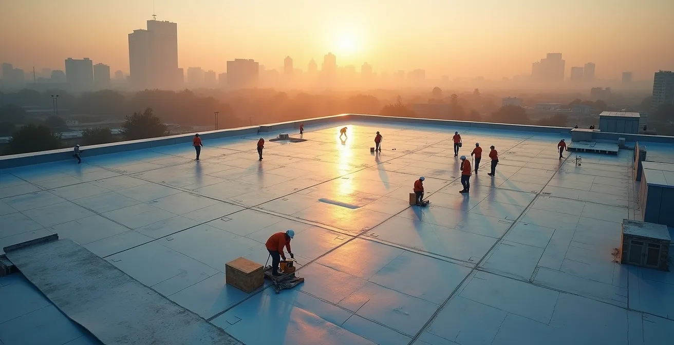 Aerial view of systematic roofing installation with safety zones