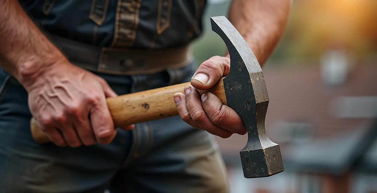 Weathered hands of experienced roofer holding traditional tools